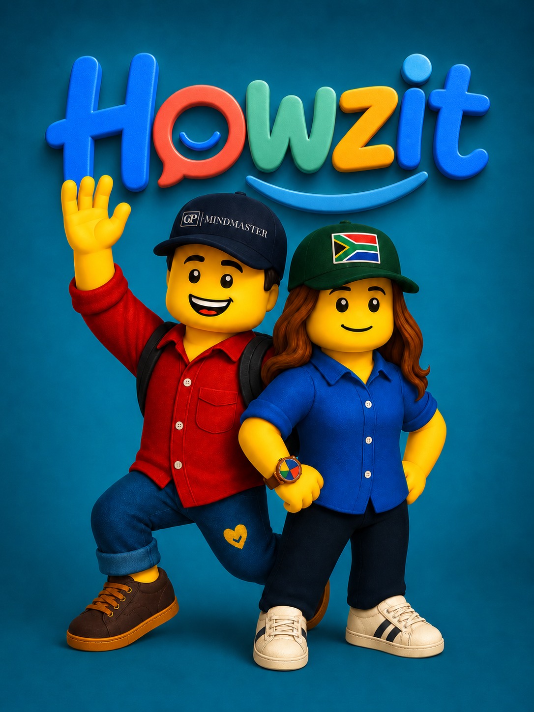 Two cheerful Howzit Buddy characters, one waving in a red shirt and one in a blue shirt wearing a South African flag cap